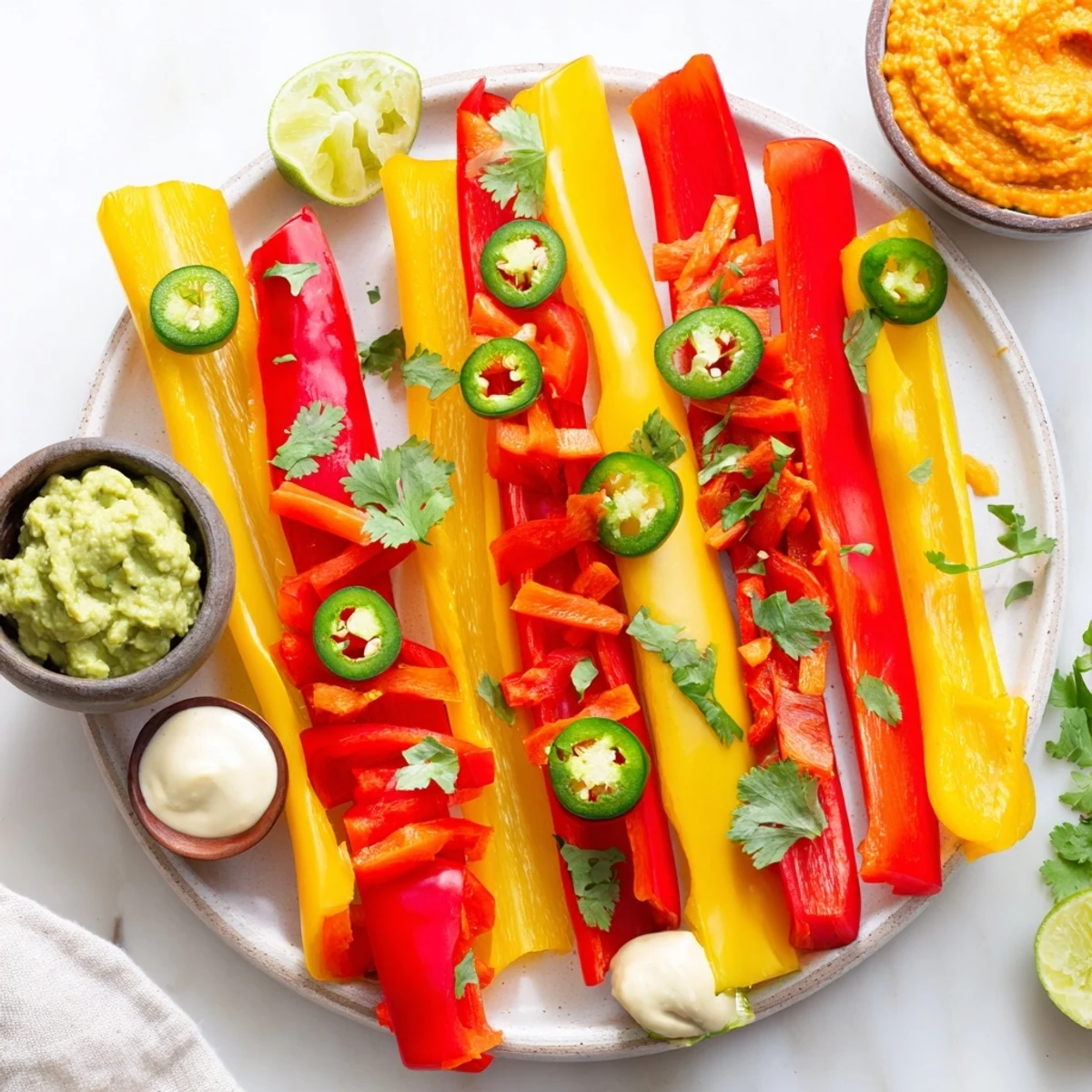 Vibrant Spicy Chili Pepper Fiesta appetizer platter with colorful peppers, dips, chips, and fresh garnishes.