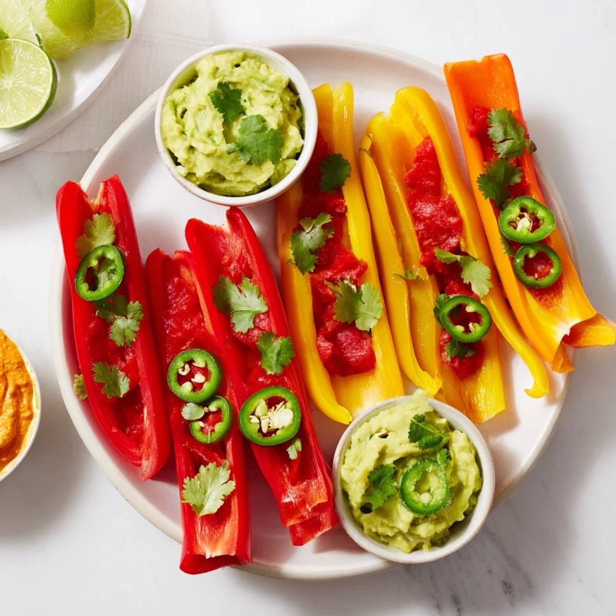 A close-up of a delightful Spicy Chili Pepper Fiesta showing pepper strips and assorted dips for dipping.