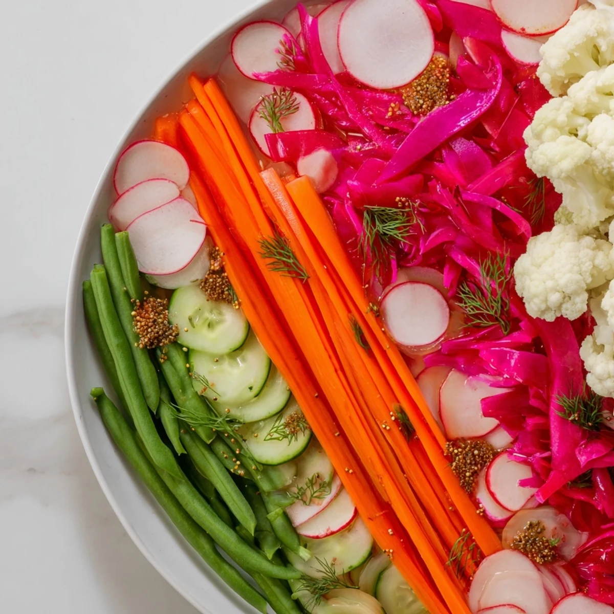 This photo displays the appealing The Pickled & Fermented Feast arranged beautifully in small bowls ready to serve.