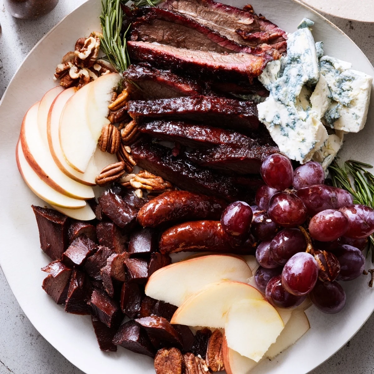 A beautifully arranged Smoky BBQ & Bourbon Companion features meats, cheeses, fruits, and crackers for sharing.