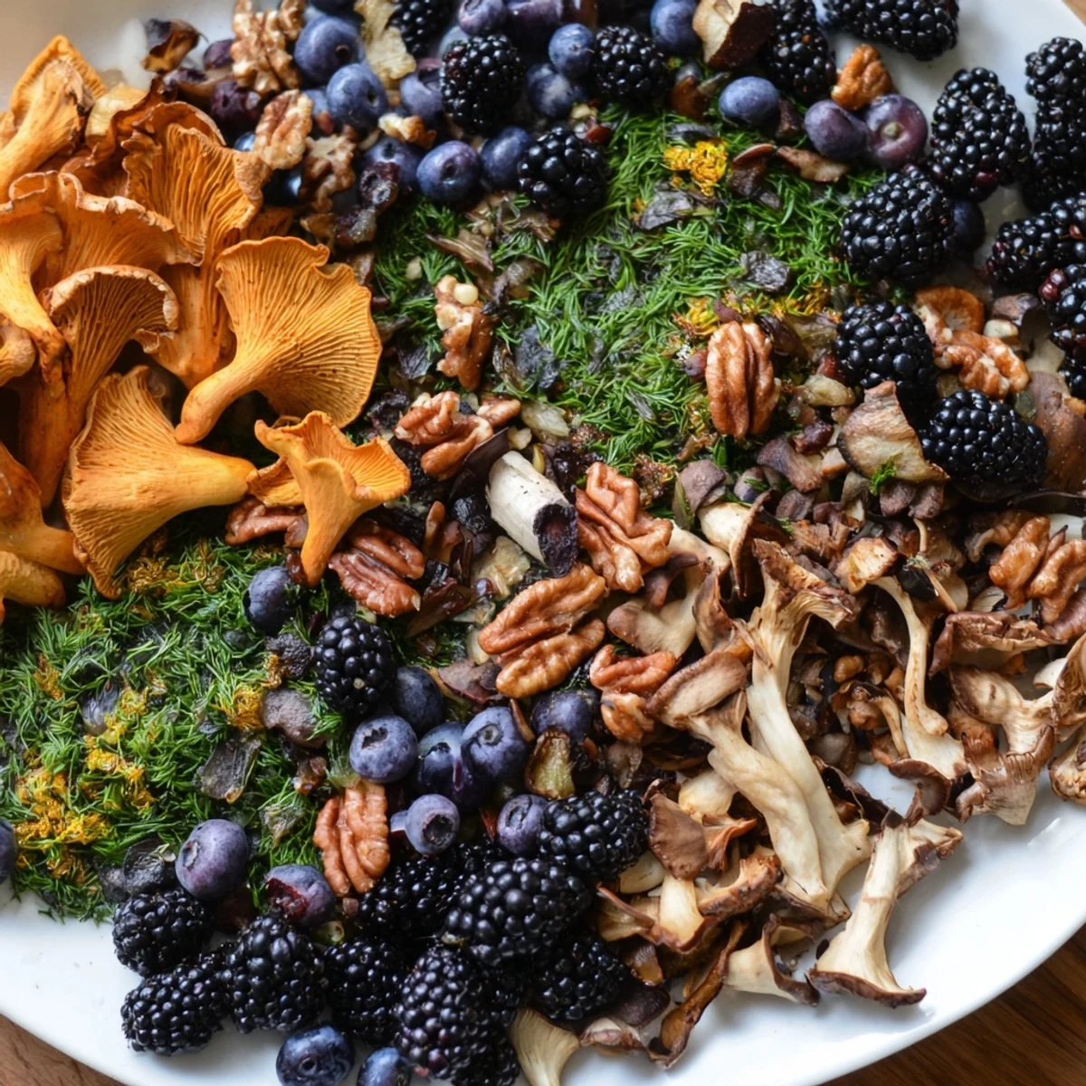 A close-up of the Northwest Forest Forager salad, showcasing earthy mushrooms and vibrant berries.