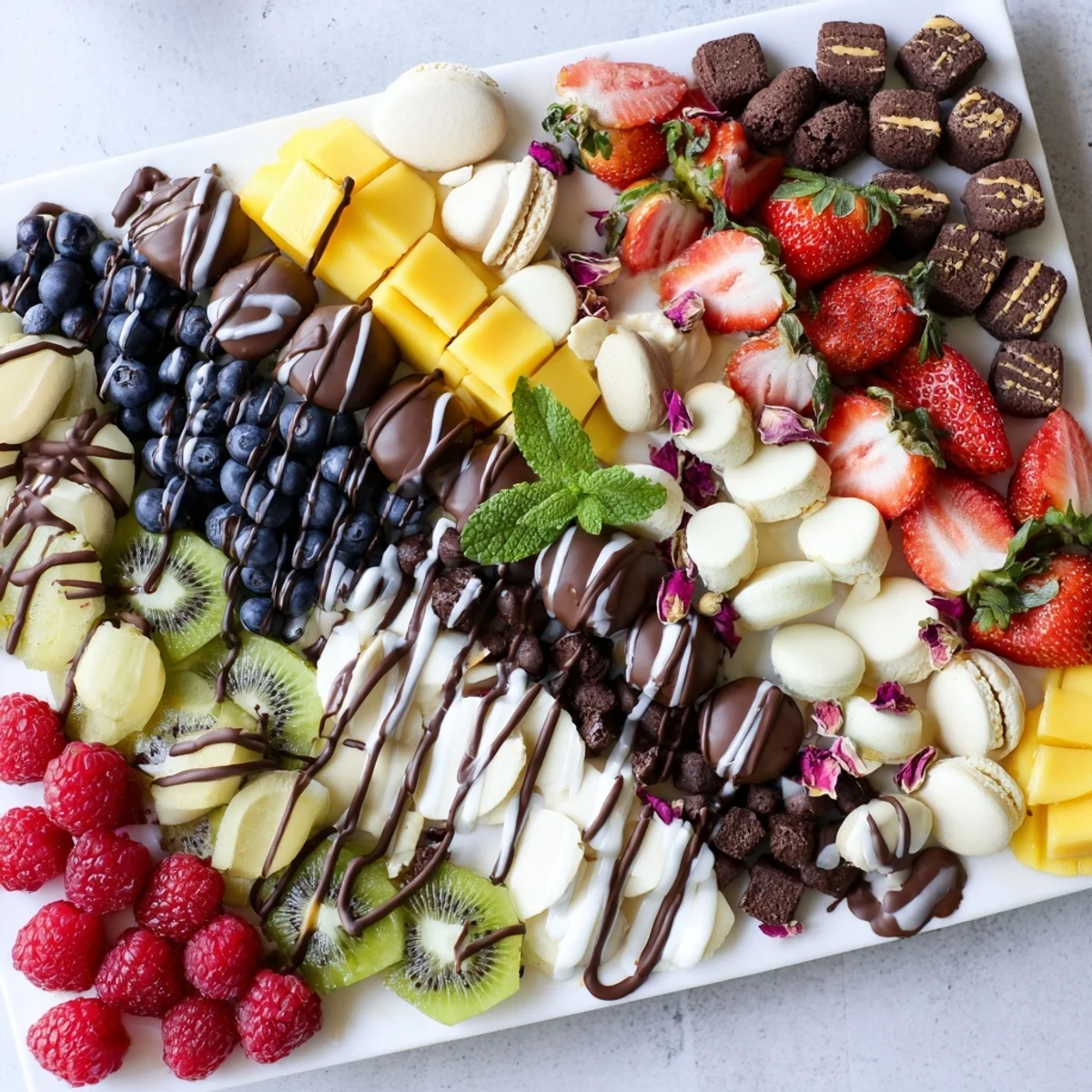 This decadent The Sweet Dessert Decadence includes fresh fruit and an elegant arrangement of sweet treats!