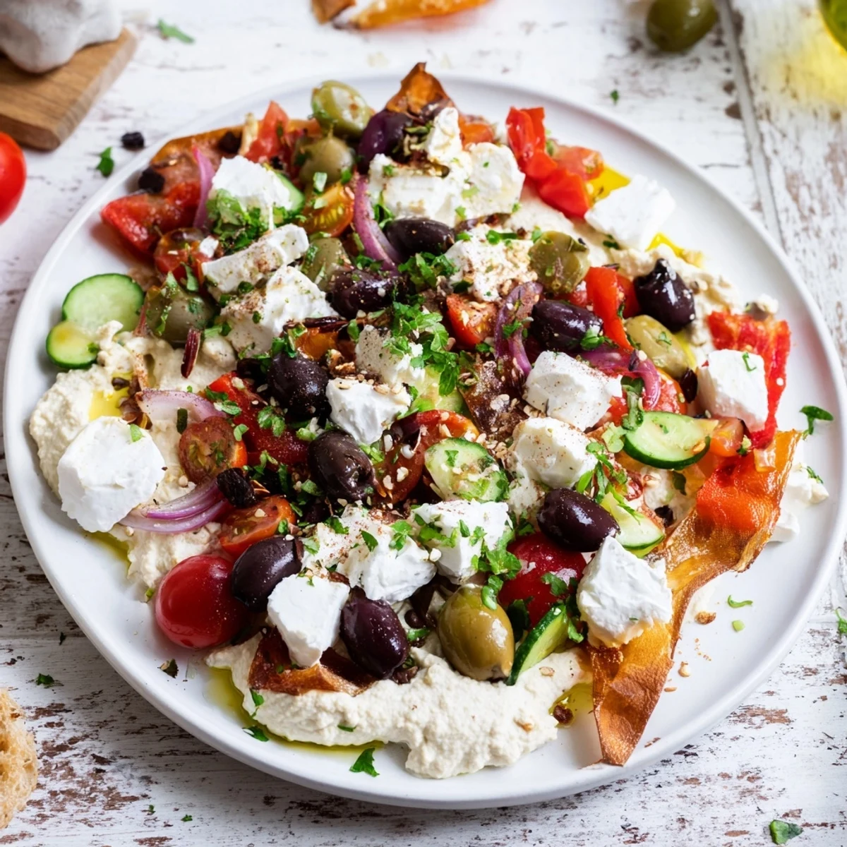 A colorful Mediterranean mezza platter with creamy dips, fresh veggies, and pita bread.