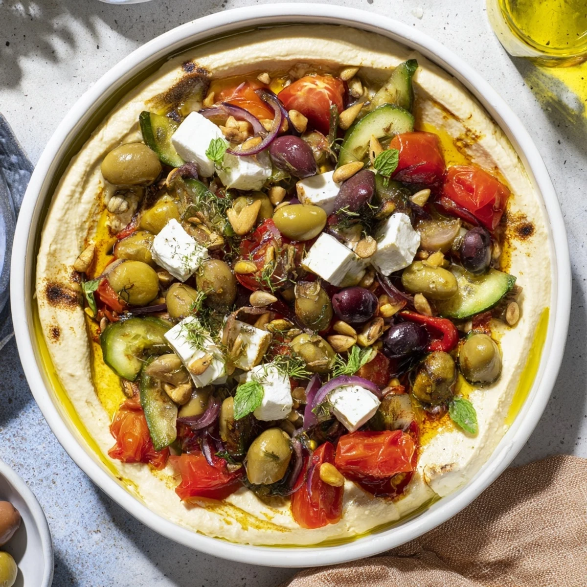 Delicious Mediterranean mezza platter ready to share, boasting various dips and fresh ingredients.