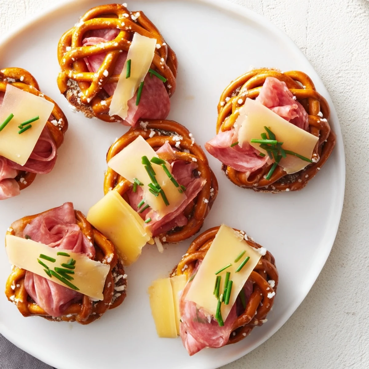 Crispy pretzel lattice creating The Lattice Window over layers of salami, prosciutto, and sharp cheddar.