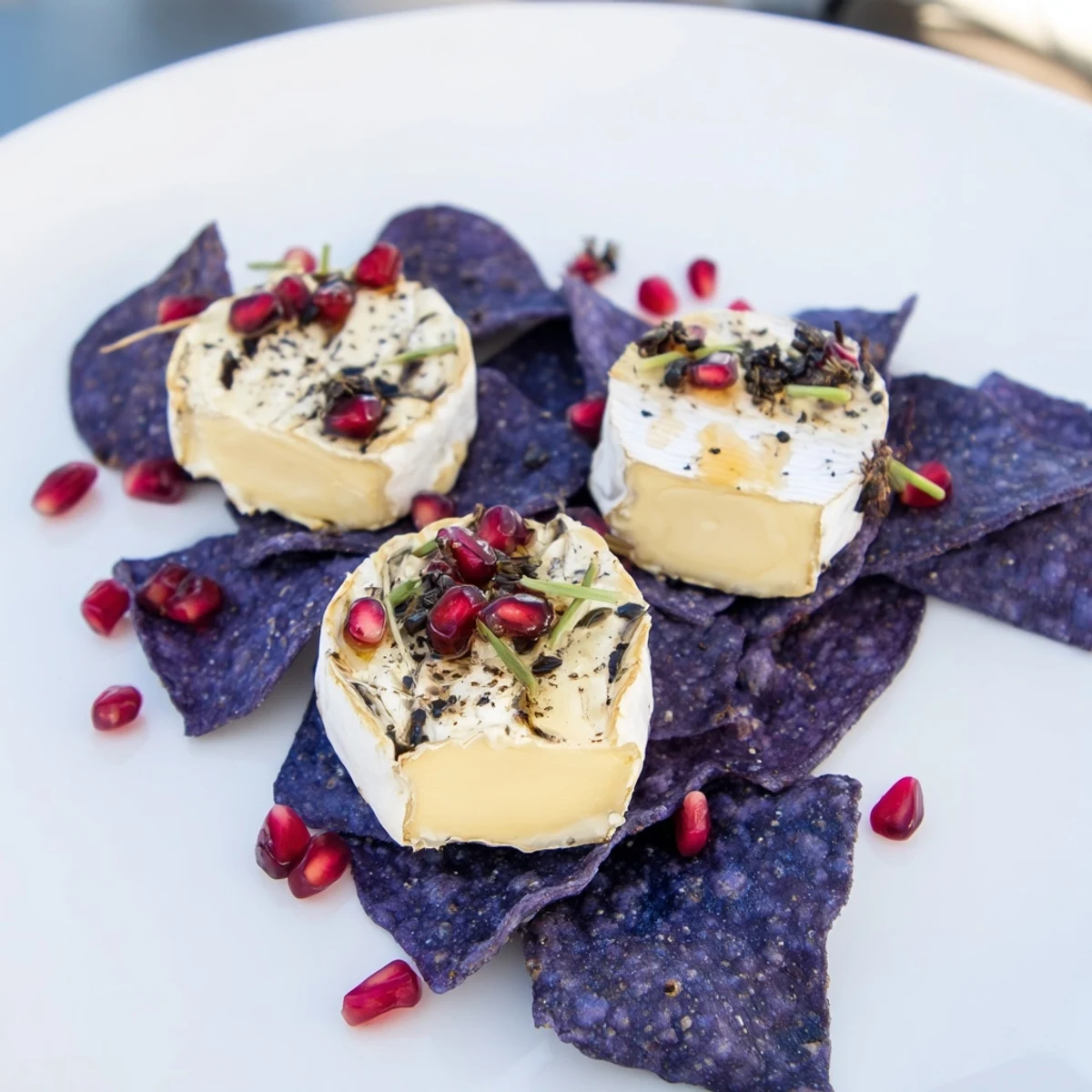 Vibrant The Stepping Stones appetizer: cheese rounds as stepping stones over blue corn "river".