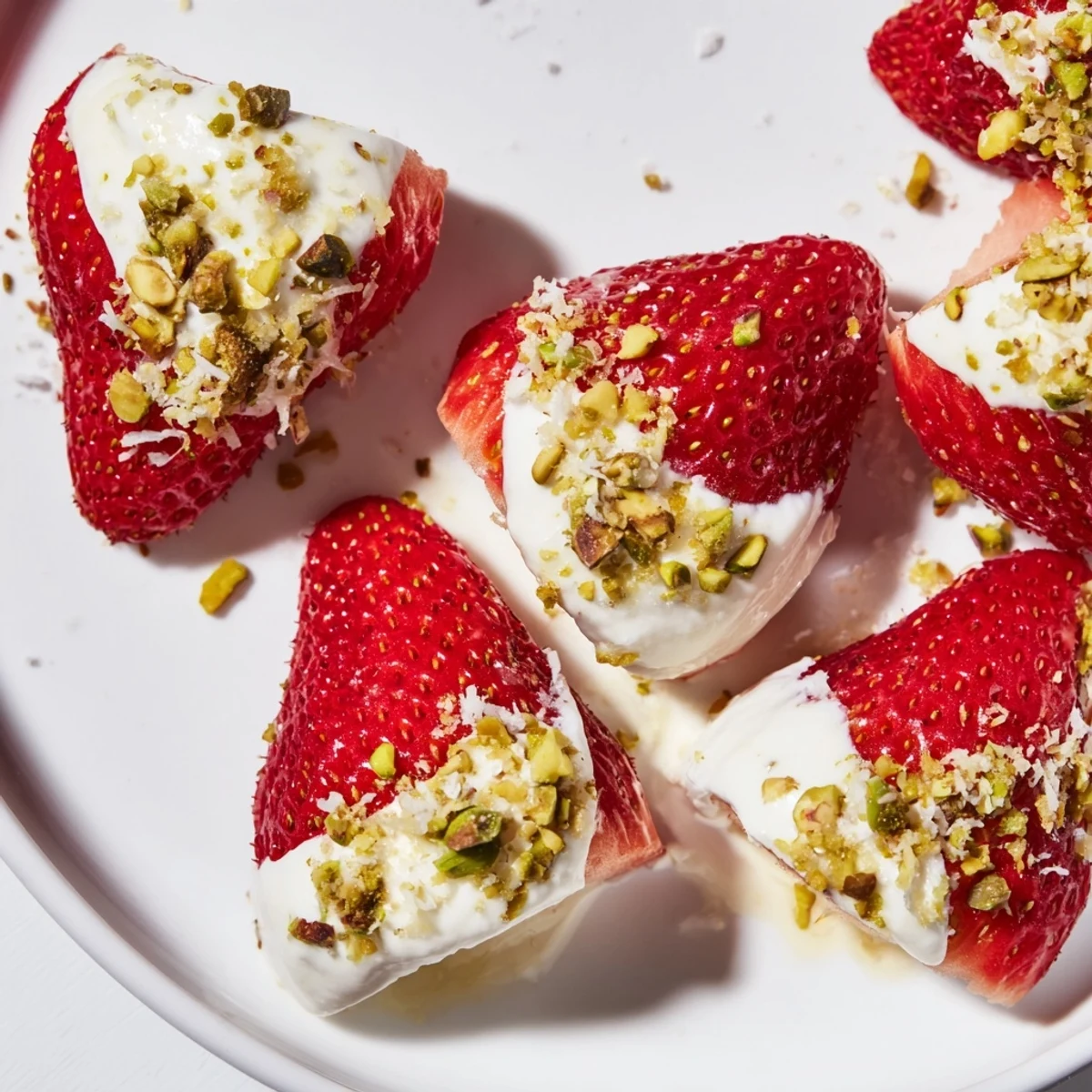 Yogurt dipped strawberry halves, frozen and ready for a refreshing bite on a hot day.