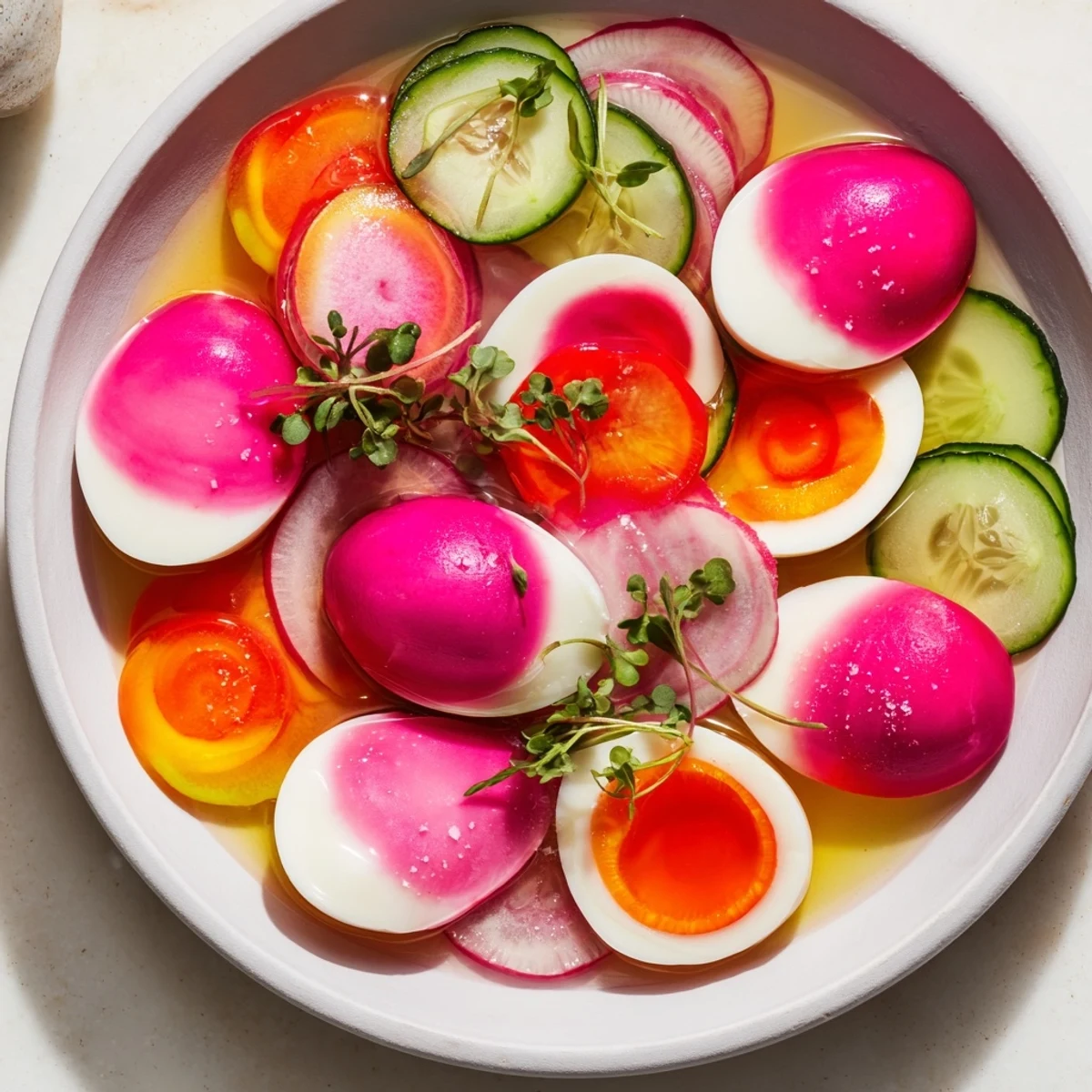A vibrant The Neon Night platter displays colorful pickles, juicy fruits, and beautiful beet-dyed eggs ready to enjoy.