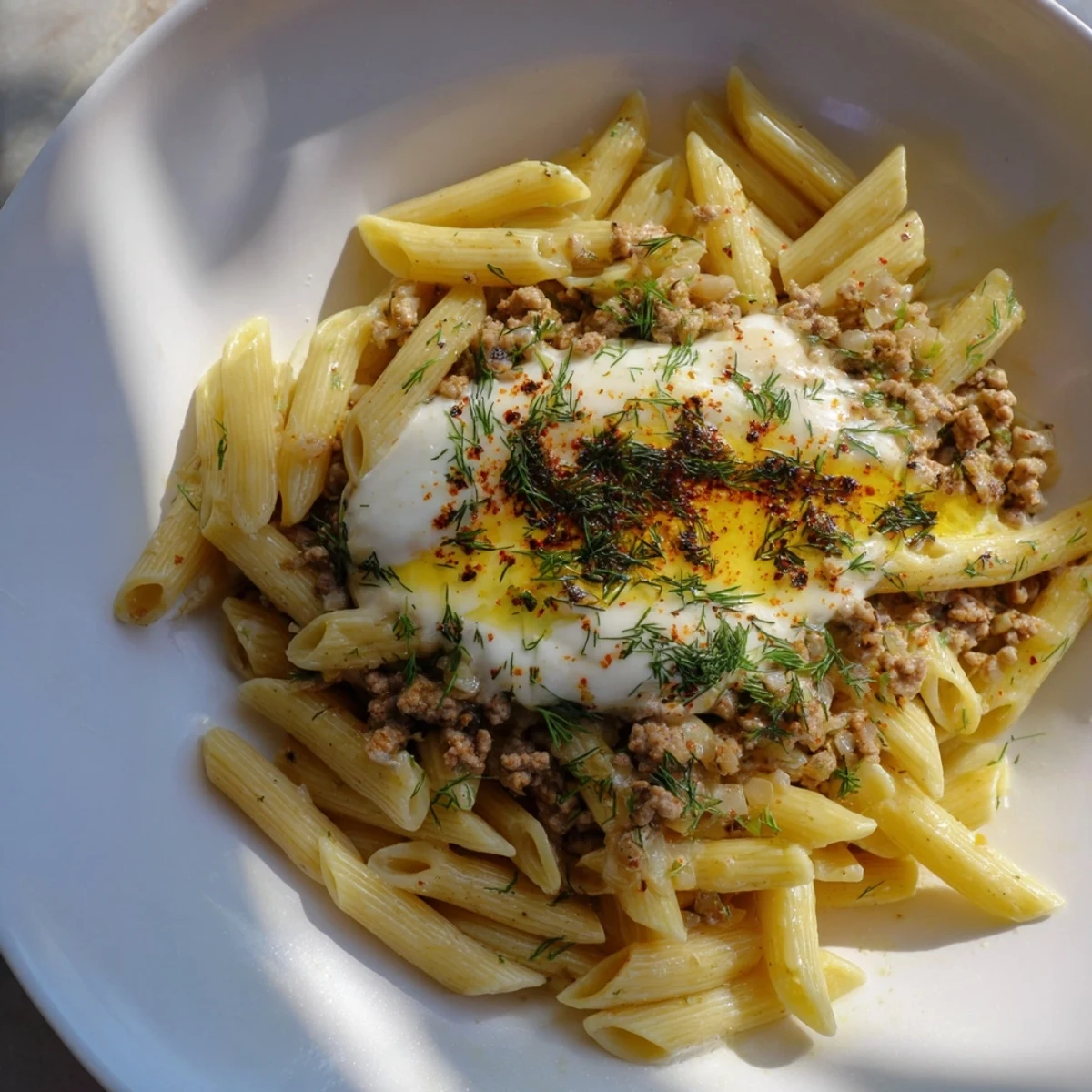 Steaming Turkish Pasta with Ground Turkey, generously drizzled with paprika butter and fresh herbs.