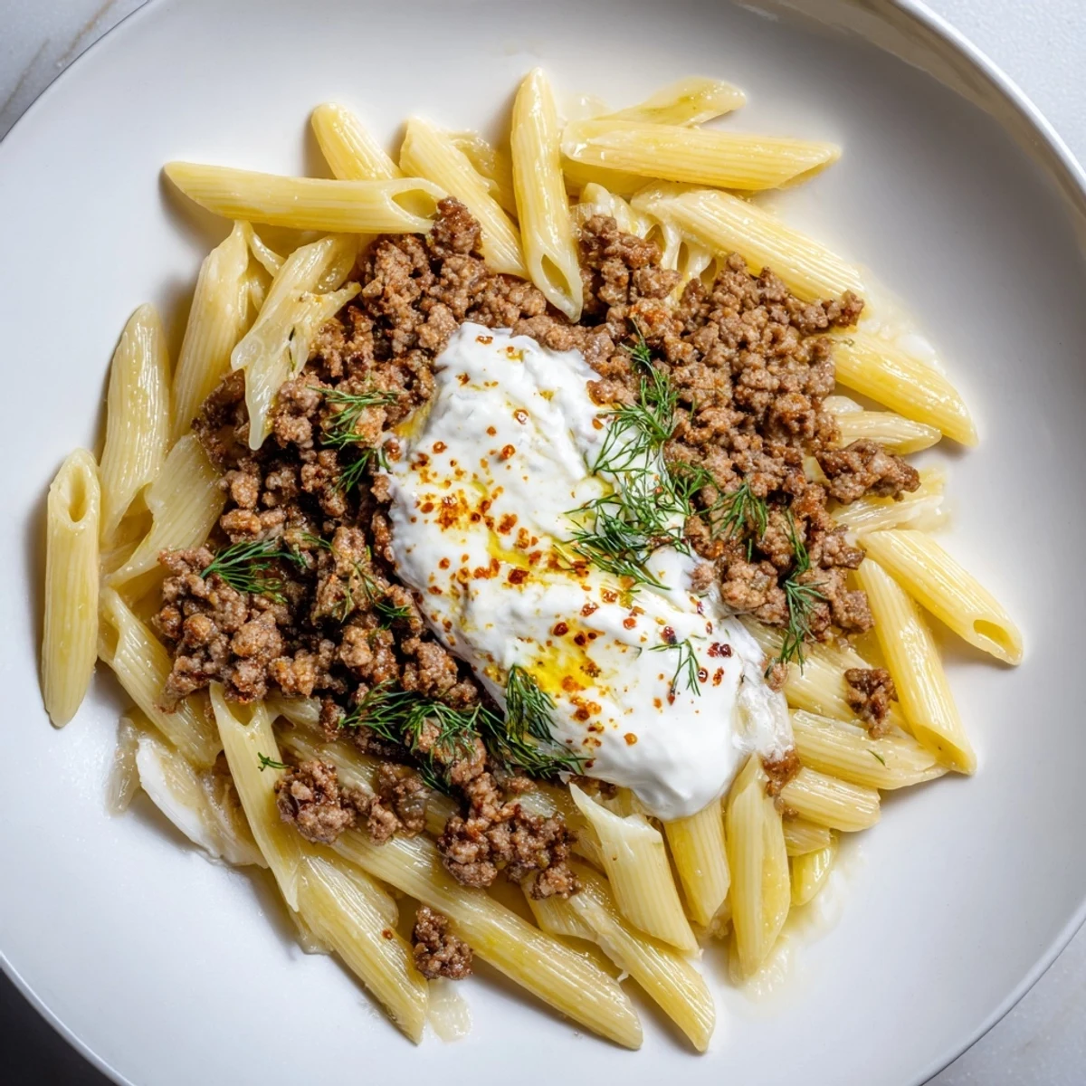 Vibrant image of Turkish Pasta with Ground Turkey: a creamy yogurt base, then spiced ground meat.