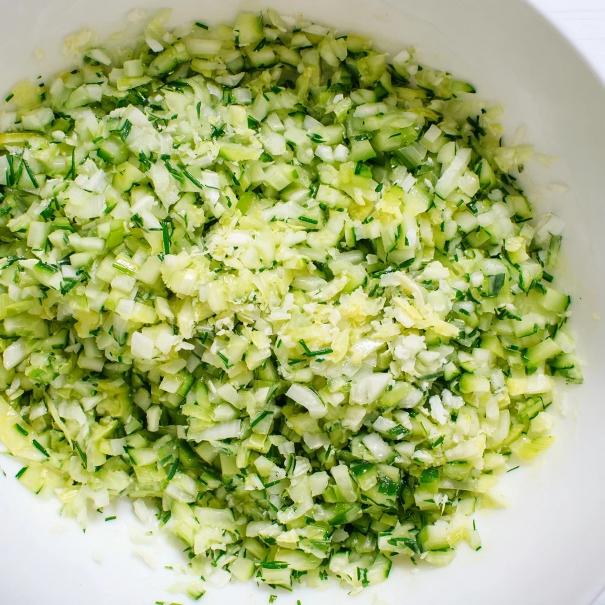 A close-up view of the cool, green Green Goddess Cabbage Dip with visible cabbage and crunchy cucumber.