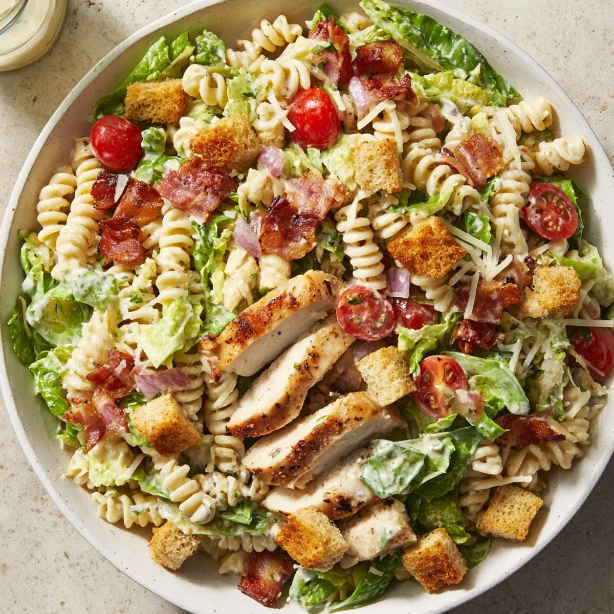 Chicken Caesar Pasta Salad with grilled chicken and crunchy bacon pieces.