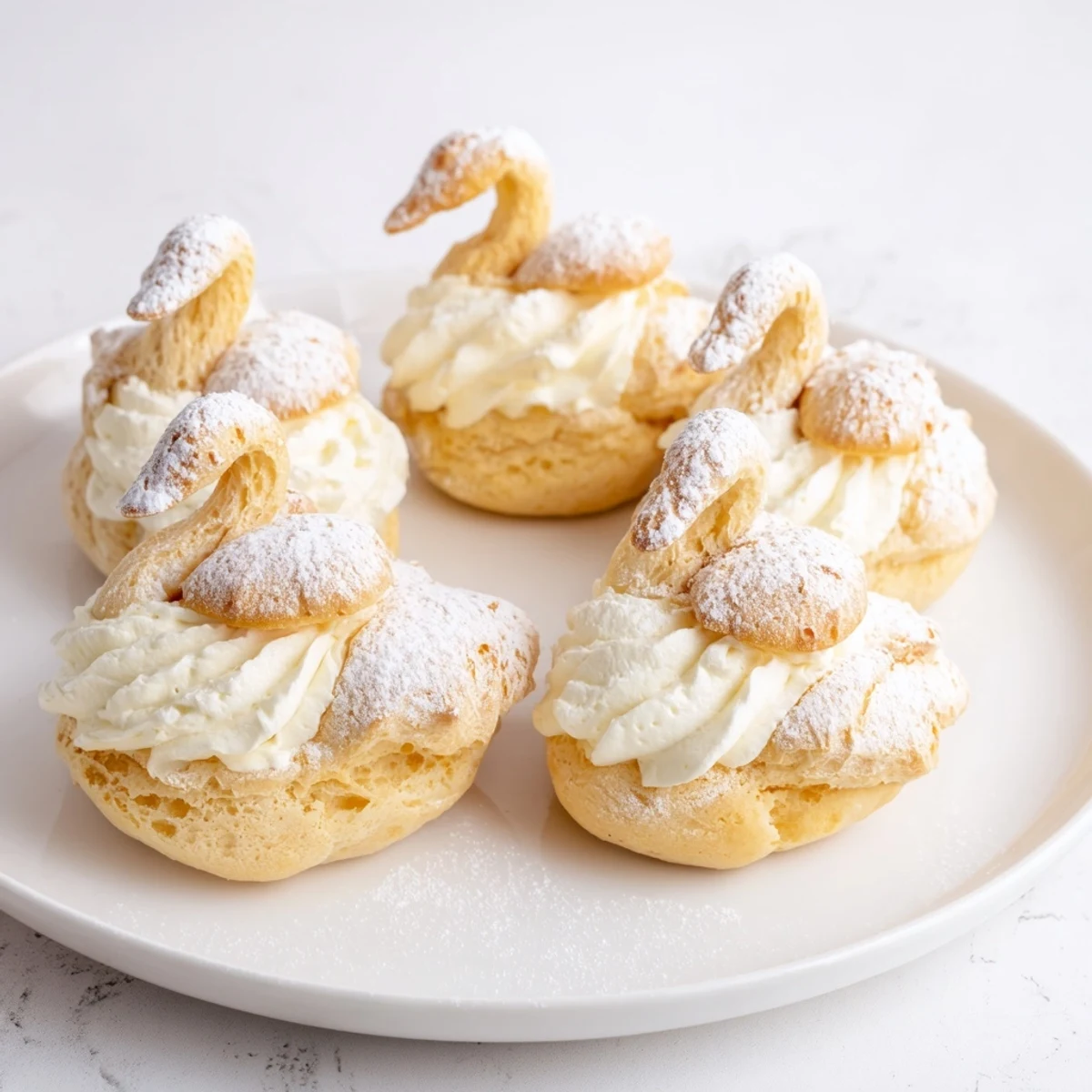 Elegant Swan Mini Pastries glistening with powdered sugar and delicate vanilla cream filling, a perfect dessert.