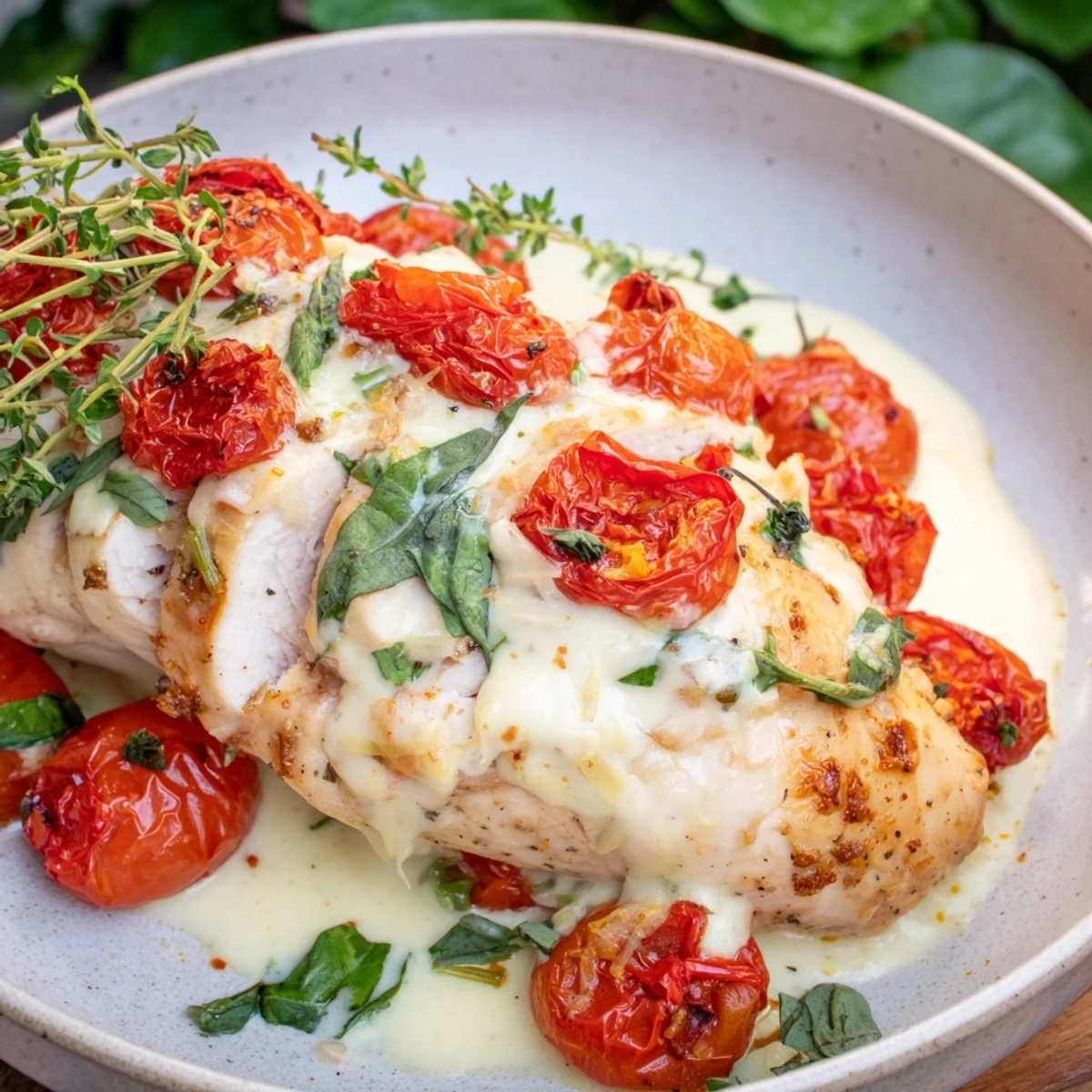 Golden-brown Creamy Sun-Dried Tomato Chicken Skillet, a cozy meal with tender chicken and creamy sauce.