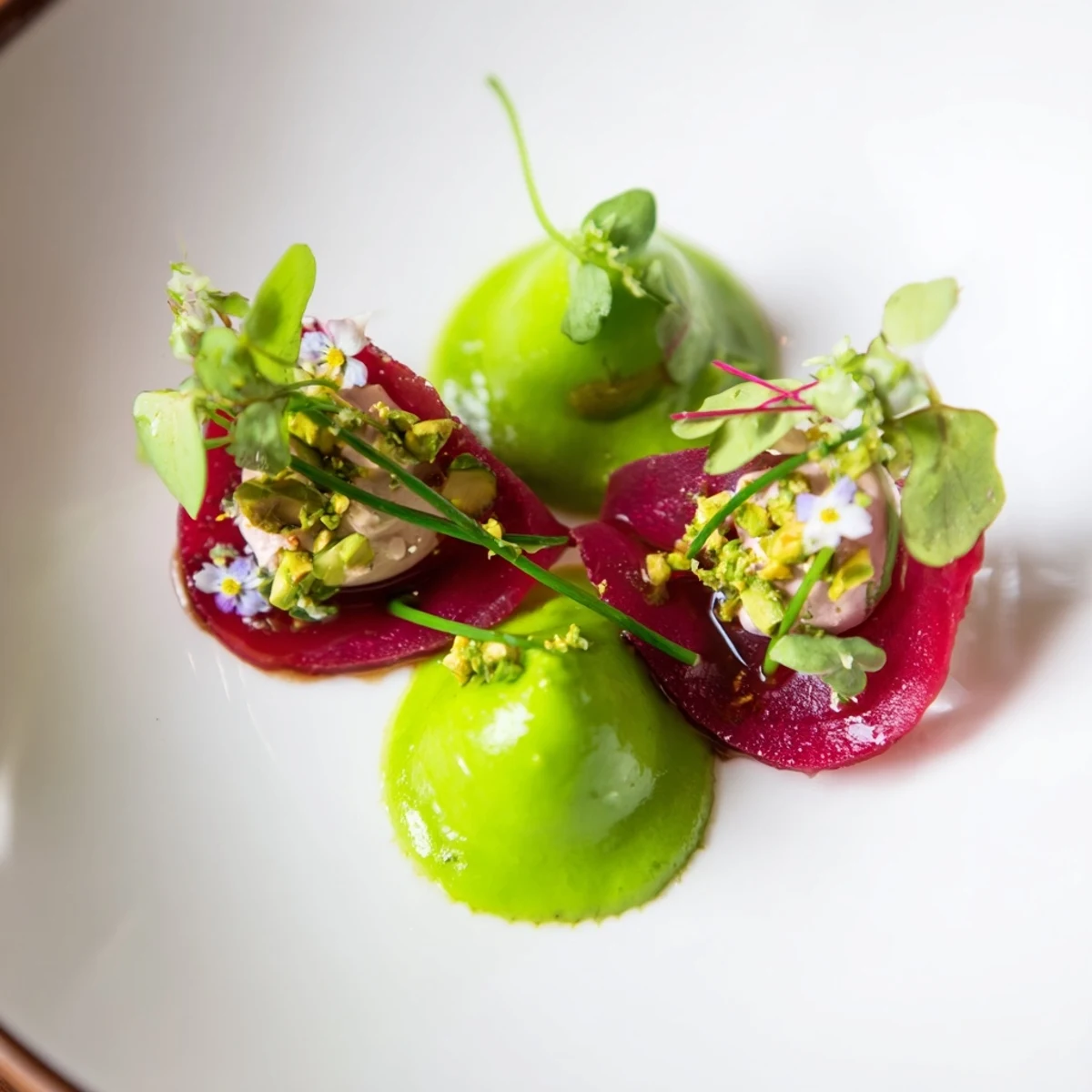 Elegant "Lucky Clover Seasonal Starters" with vibrant green pea, beet carpaccio, and creamy goat cheese mousse.