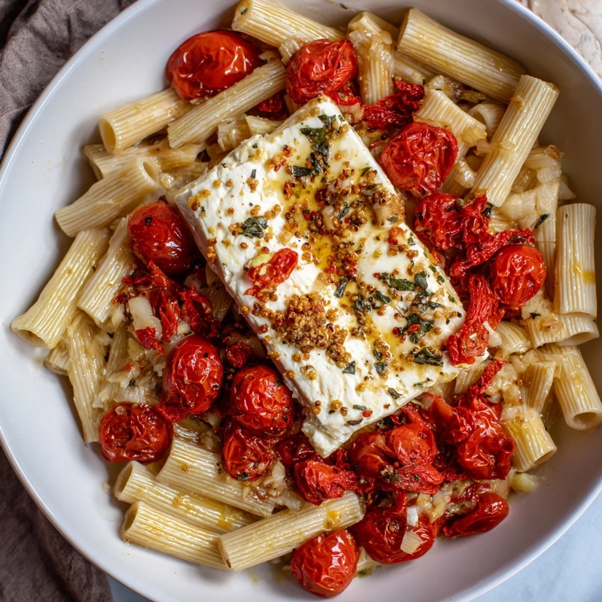 Creamy baked feta with honey and chili, red pepper flakes atop pasta, perfect for dinner.