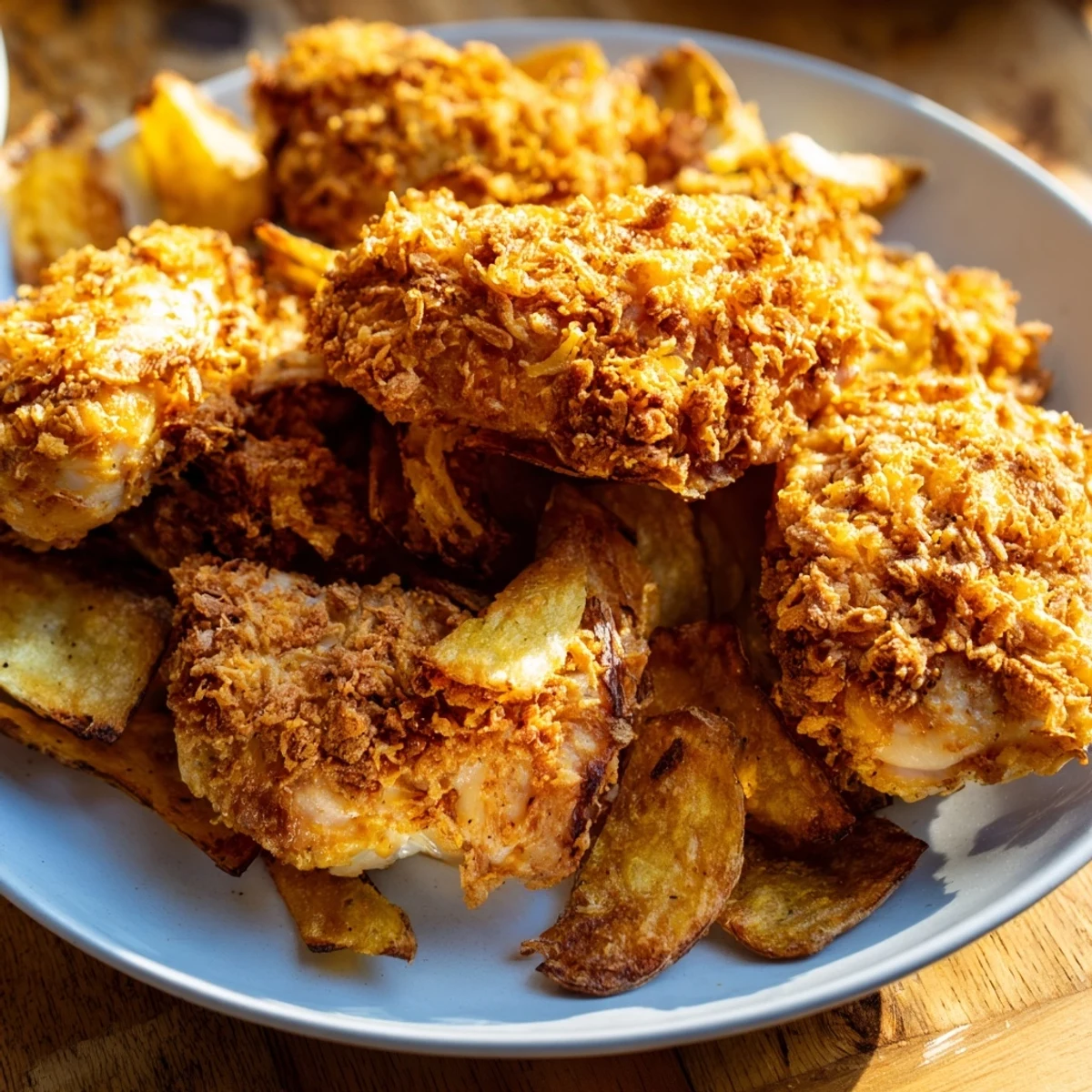 Freshly baked, juicy onion chip chicken tenders, showcasing a flavorful, easy American cuisine family meal.