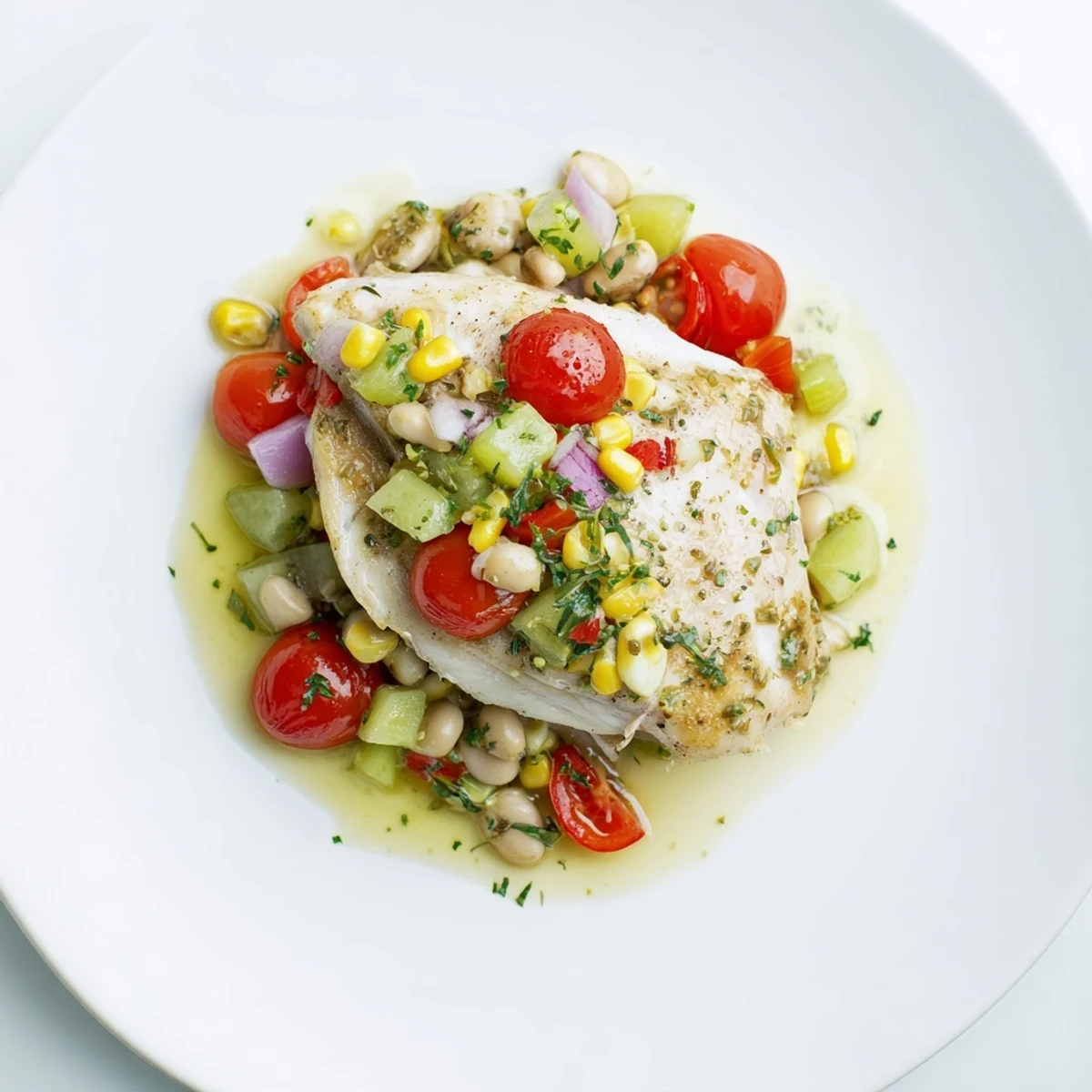 Tender shredded chicken and fresh vegetables in a vibrant Dense Bean Salad with Lemon-Dill Chicken.