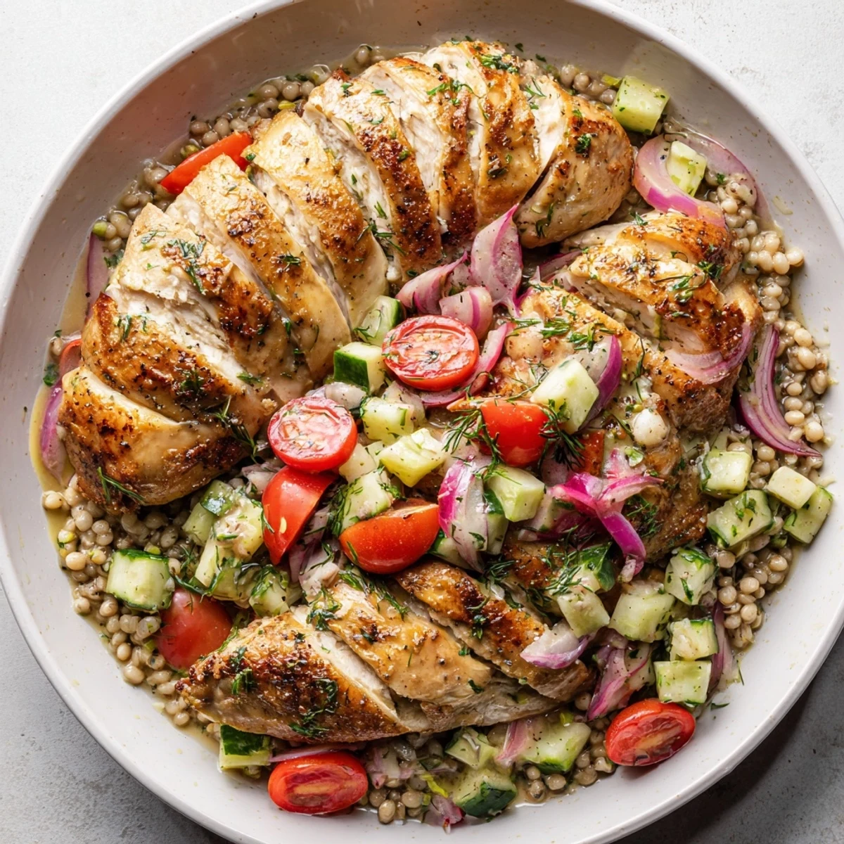 A colorful close-up of the delicious Dense Bean Salad with Lemon-Dill Chicken, ready to eat.