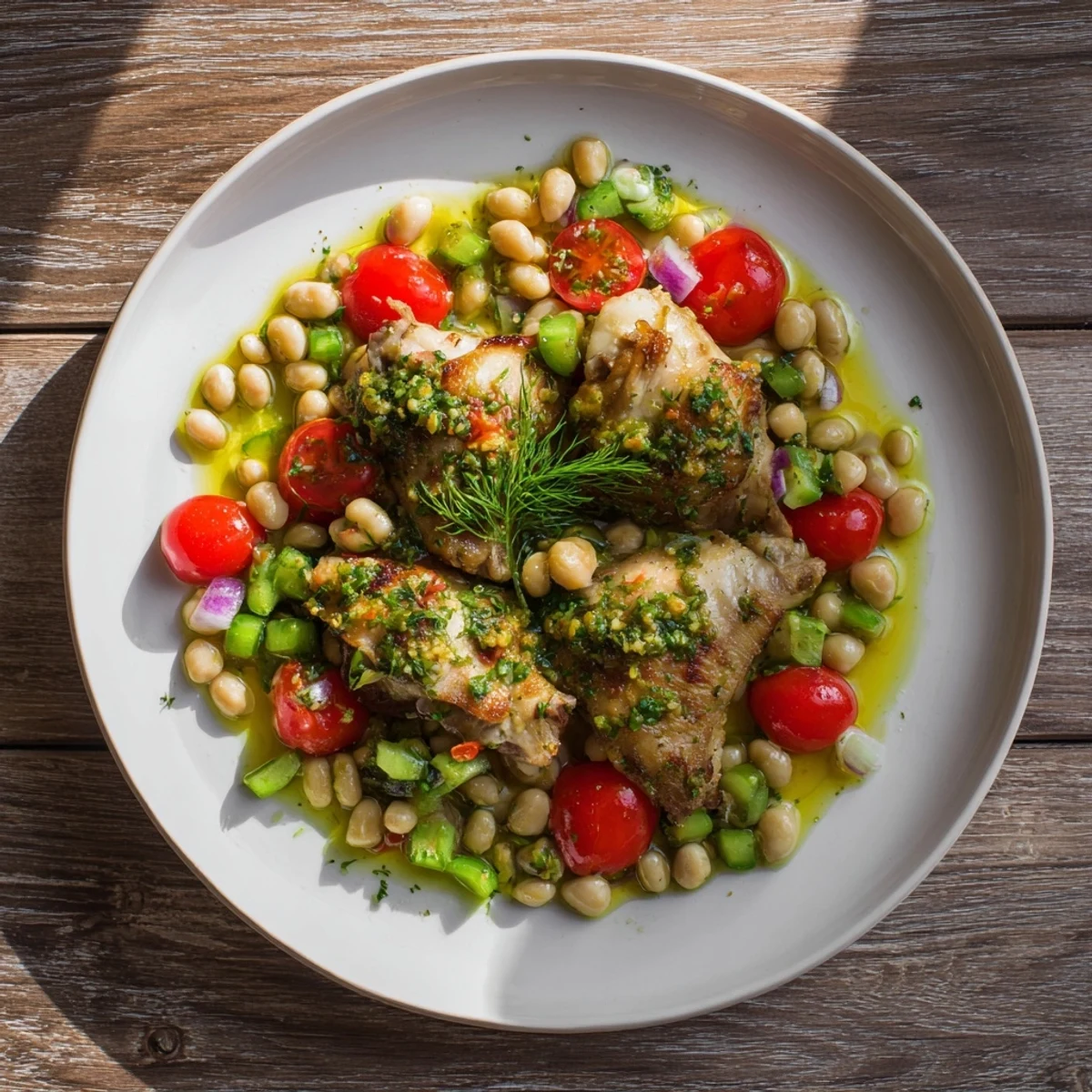Enjoy the refreshing flavors of a summer lunch with this hearty Dense Bean Salad with Lemon-Dill Chicken.