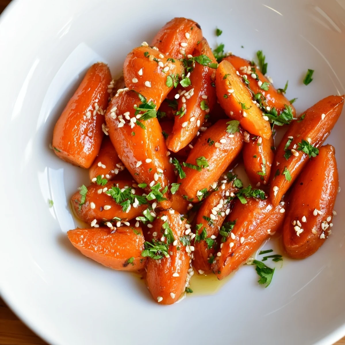 Honey soy roasted carrots glistening with a sweet, savory glaze and fresh herbs, ready to serve.
