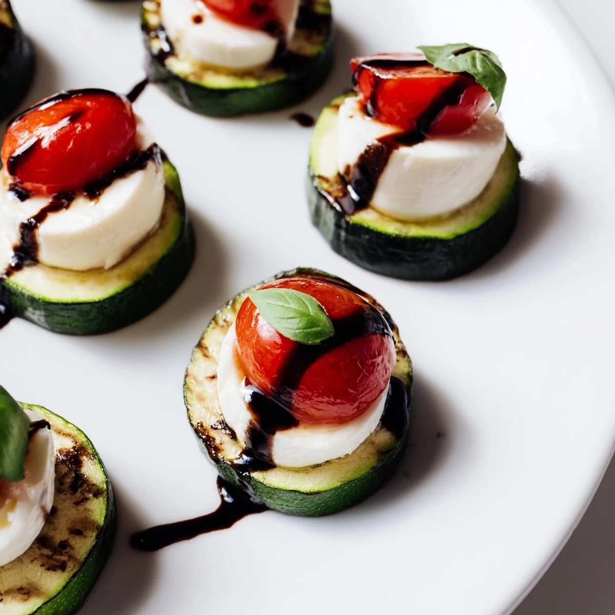 Golden-brown zucchini Caprese bites, mozzarella, tomatoes, and basil glistening with balsamic glaze.
