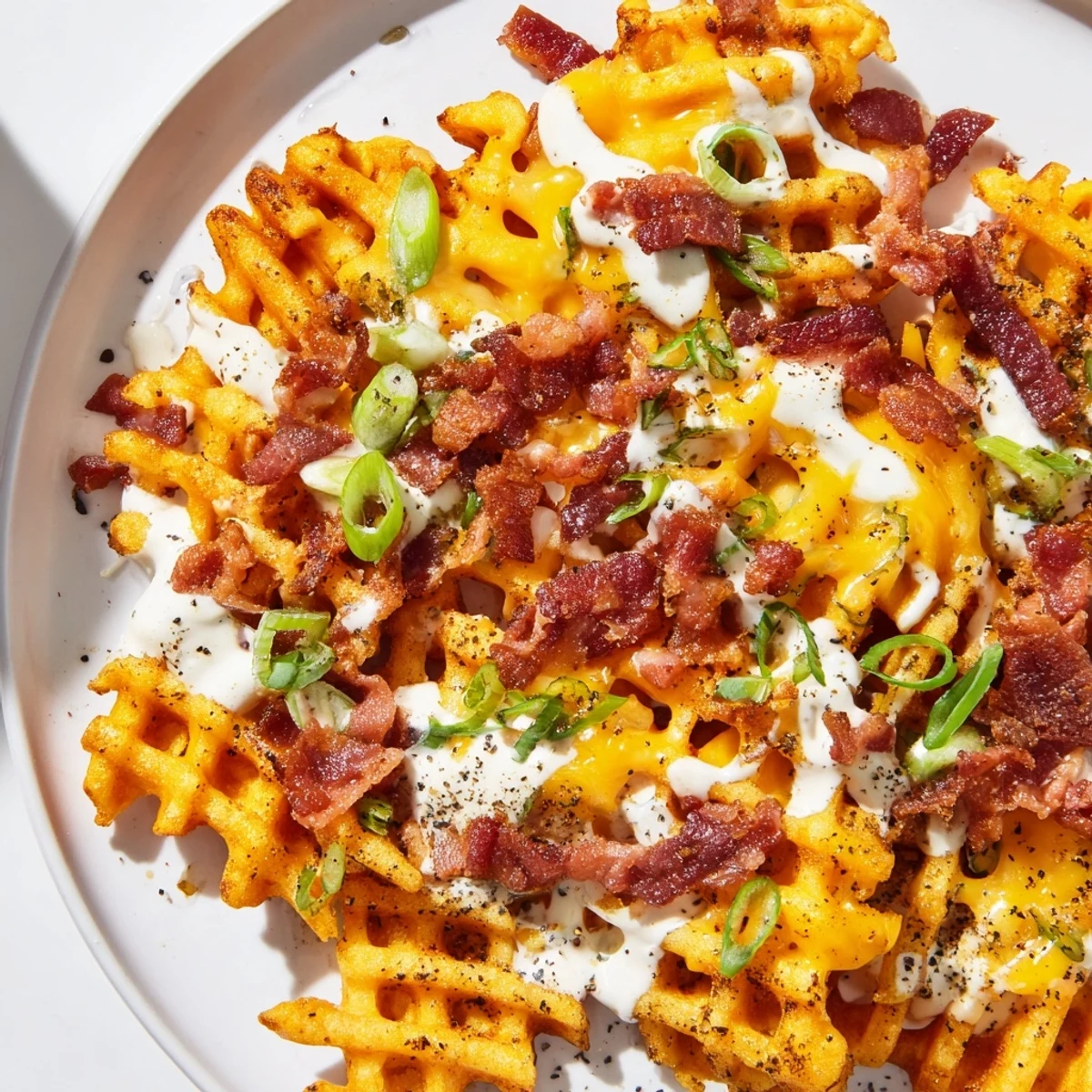 Golden, crispy Loaded Sweet Potato Fries are smothered in cheese, bacon, and ranch, ready to serve!