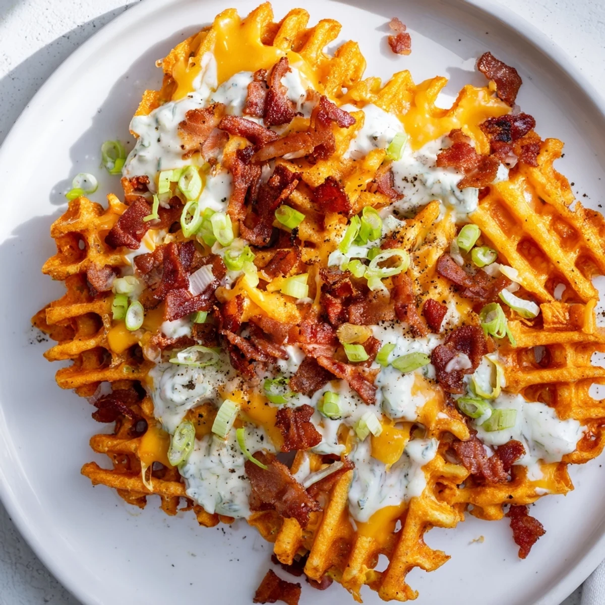 Melted cheddar cheese and crispy bacon top these delicious Loaded Sweet Potato Fries, perfect for sharing as a side.