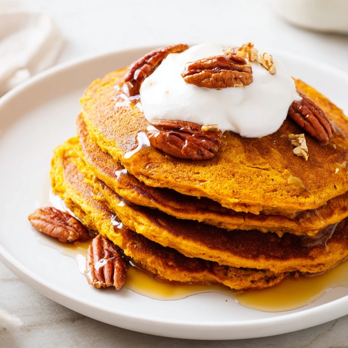 Delicious, homemade pumpkin spice pancakes, cooked until golden brown, offer a cozy breakfast.