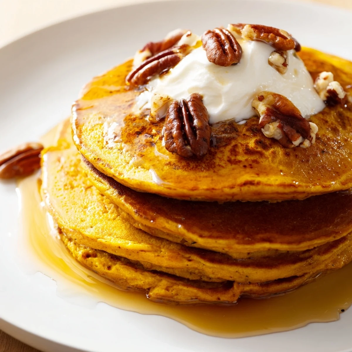 Perfect stack of pumpkin spice pancakes, light and airy, waiting to be enjoyed with family.