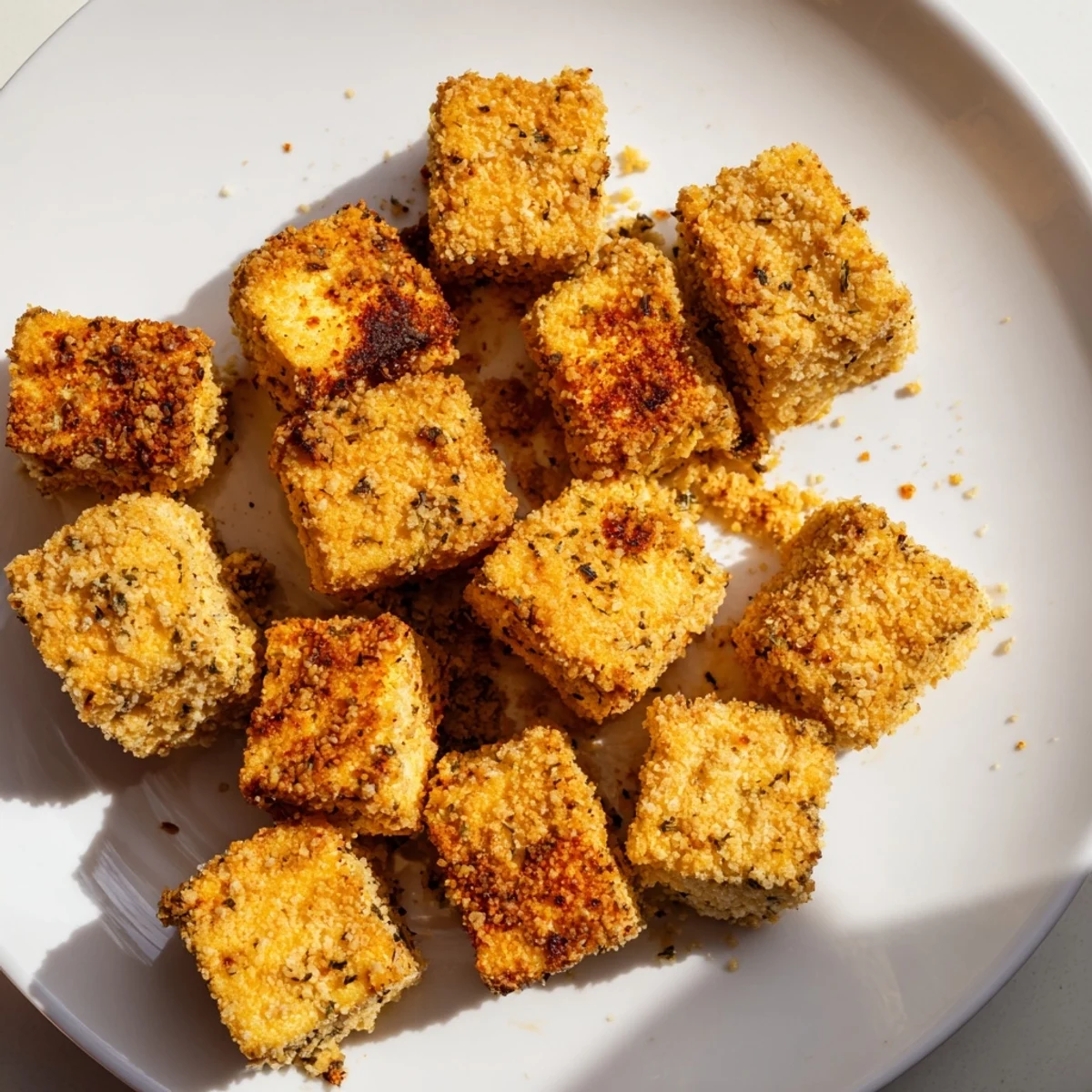 Golden brown popcorn tofu bites arranged on a plate, ready for dipping sauces.