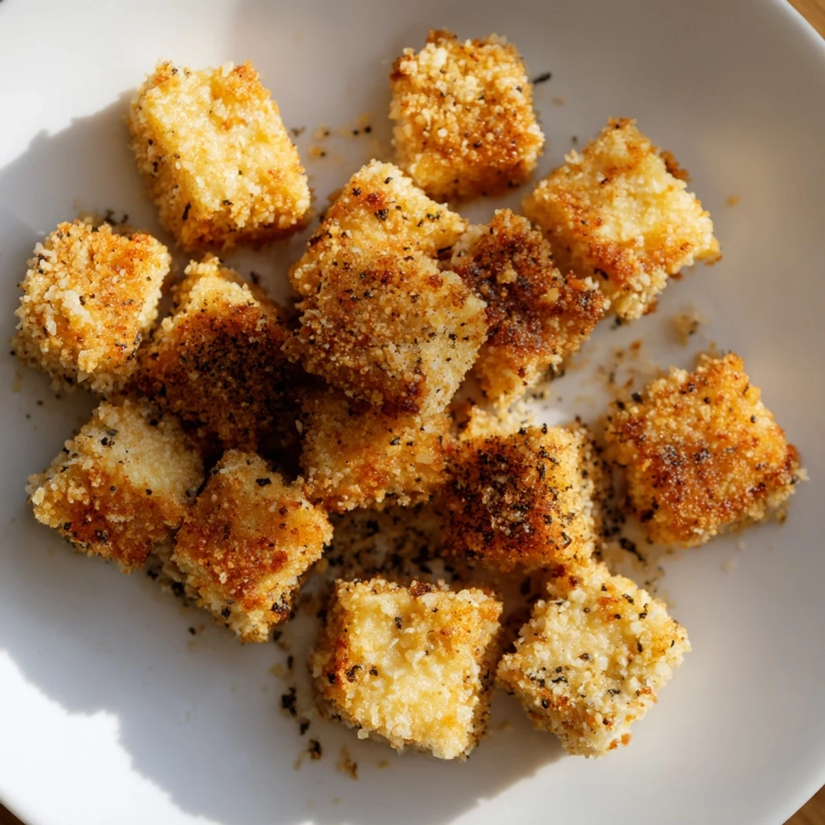 Close-up of crispy, seasoned popcorn tofu bites showcasing a satisfyingly crunchy texture.