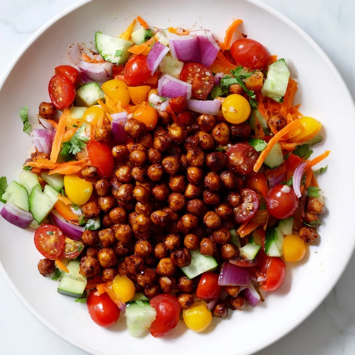 Smoky BBQ chickpea salad, a colorful vegetarian delight, showcasing a tangy bean and veggie salad.