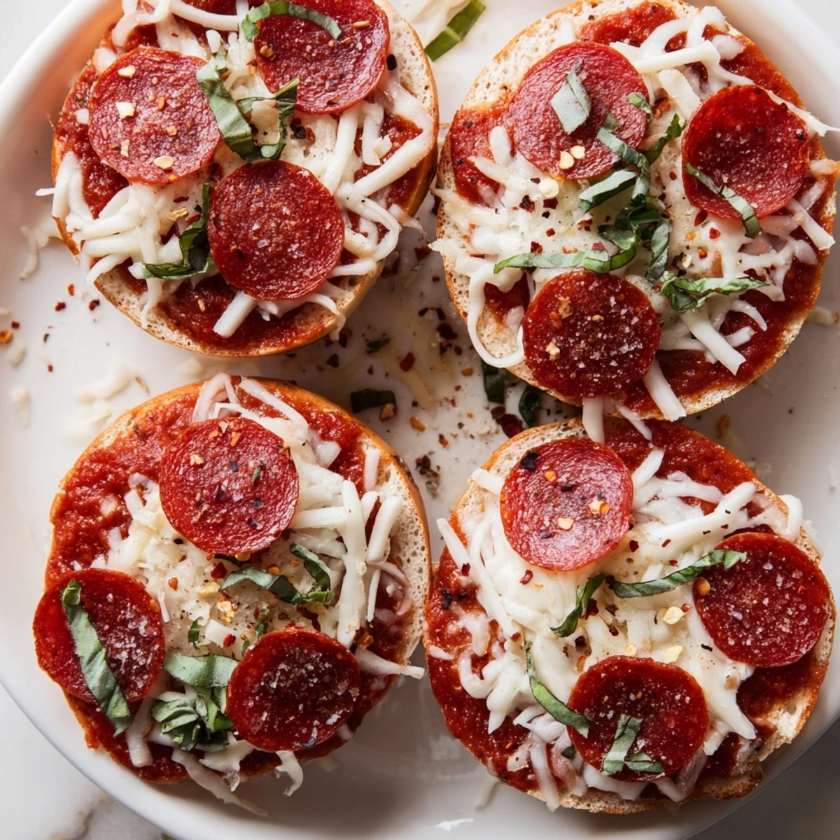 A close-up of golden-brown Mini Pepperoni Pizza Bagels, perfect for a quick snack or appetizer.