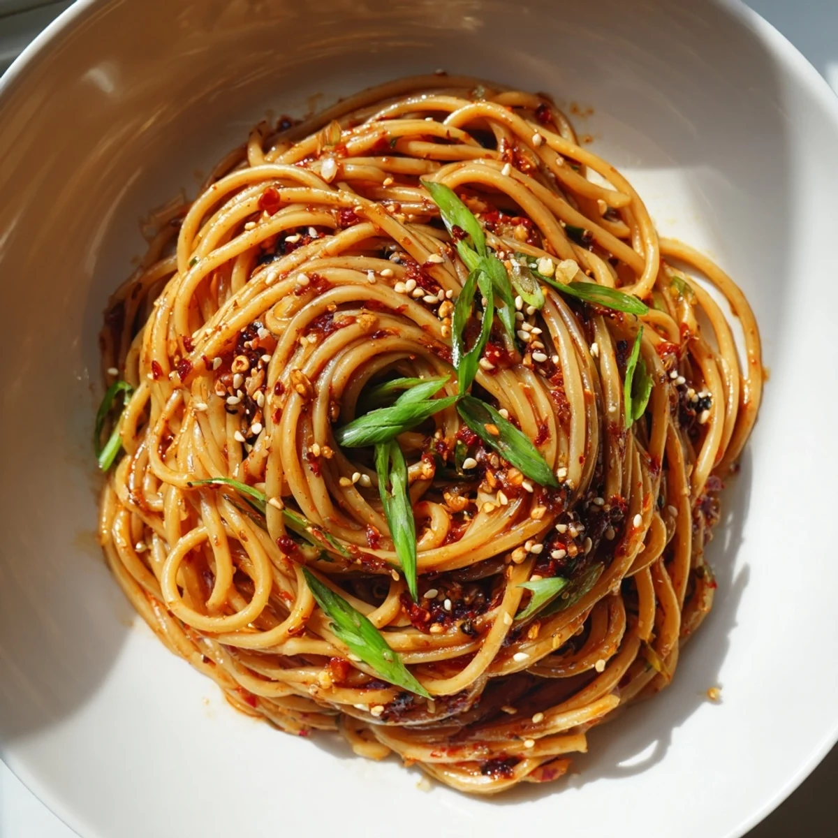 Steaming bowl of Garlic Chili Oil Noodles with vibrant scallions and toasty sesame seeds.