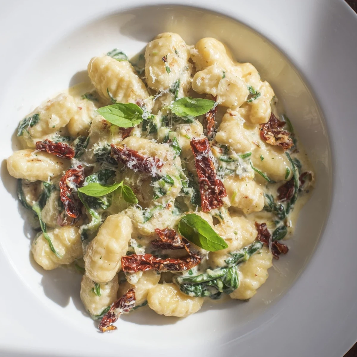 Golden bowl of Creamy Tuscan Gnocchi, fresh basil and Parmesan cheese garnish the rich sauce.