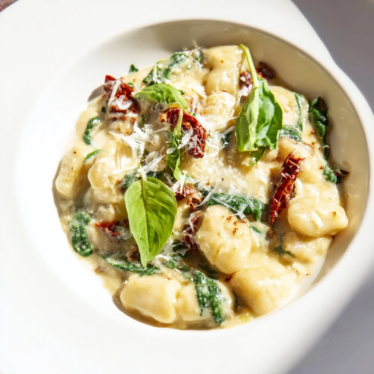 A skillet filled with Creamy Tuscan Gnocchi, perfect for a cozy, flavorful Italian meal tonight.