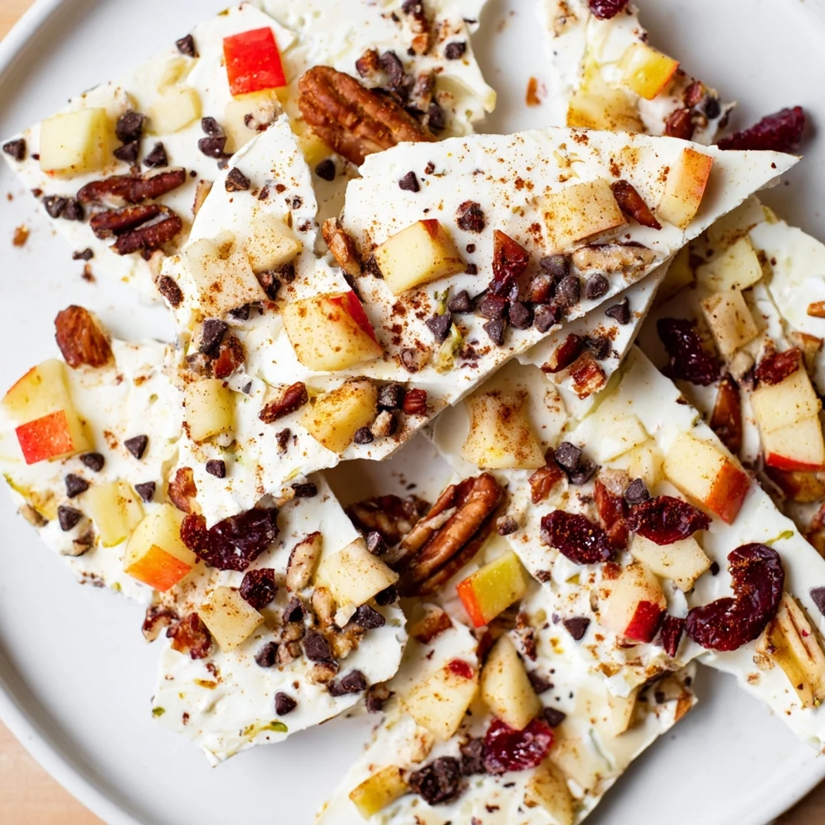 This photo features delicious Apple Cinnamon Yogurt Bark, perfect for a healthy sweet treat.