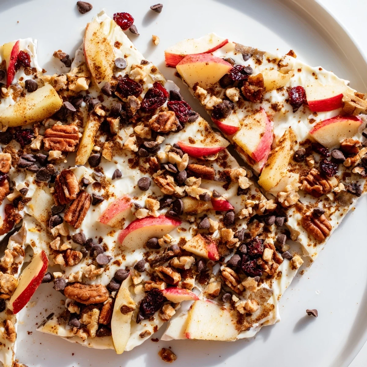 Frozen Apple Cinnamon Yogurt Bark, a refreshing snack with diced apples and creamy yogurt.
