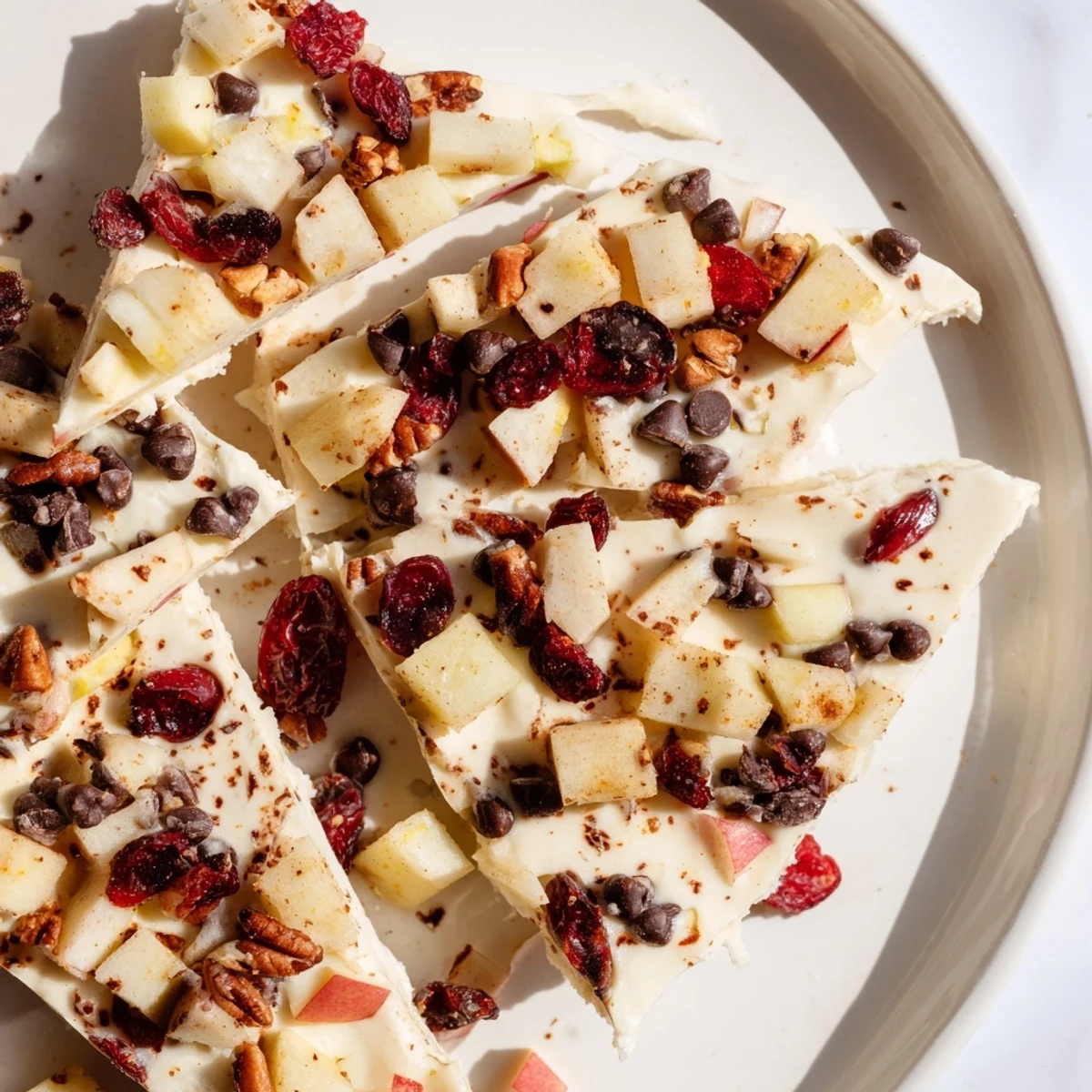Close-up of frozen Apple Cinnamon Yogurt Bark, showing crisp apples and crunchy toppings.