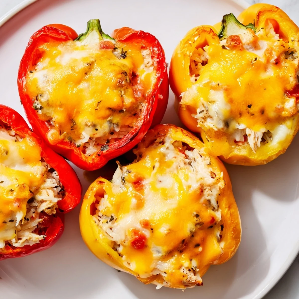 Golden-brown Cheesy Chicken Stuffed Peppers, bubbling with melted cheese, perfect for a cozy weeknight meal.