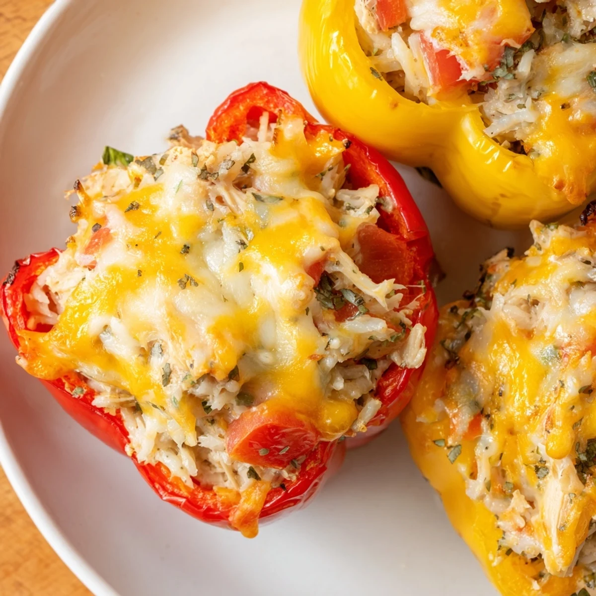 Steaming plate of Cheesy Chicken Stuffed Peppers, a family-friendly comfort food smothered with melted cheese.