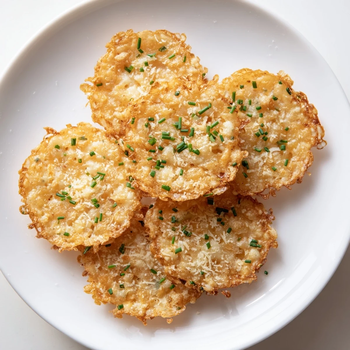Golden brown Crispy Cottage Cheese Chips, perfectly crisp and ready to be served with fresh chives.
