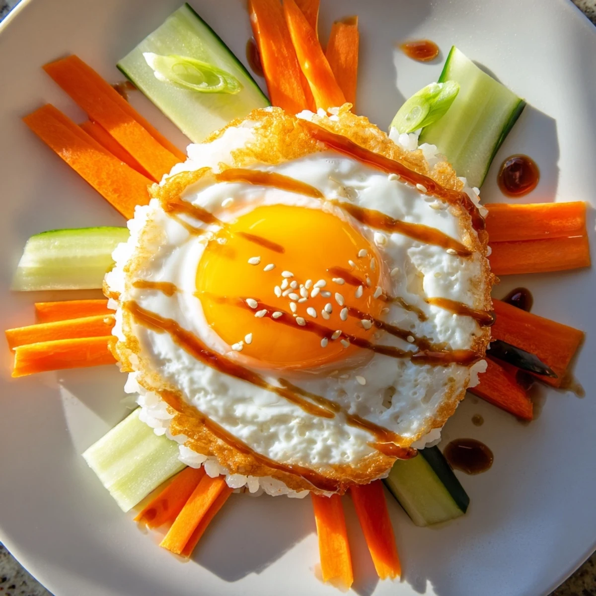 Golden-brown crispy egg rice bowl with a perfectly cooked egg, fresh veggies, and a savory sauce.