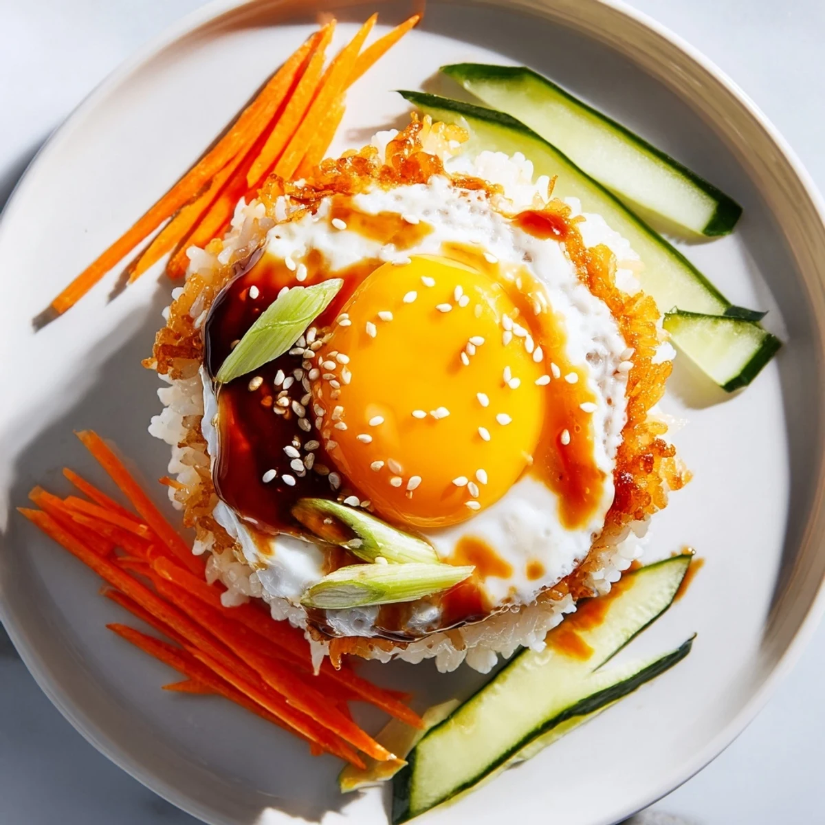 Delicious homemade crispy egg rice bowl with sesame seeds, ready to be enjoyed as a meal.