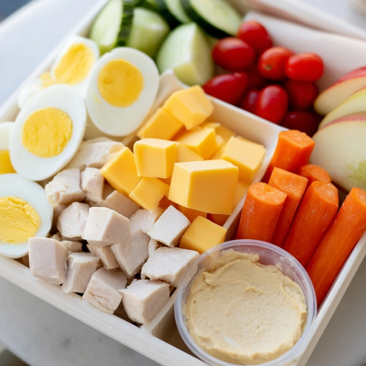 A delicious Protein Snack Box with sliced chicken, cheddar cheese, and crunchy apple slices, ideal for meal prep.