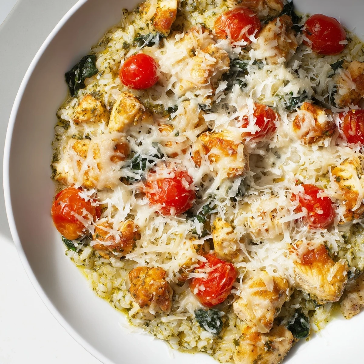 Golden, bubbling Chicken Pesto Rice Bake fresh from the oven, offering a cheesy, comforting aroma.