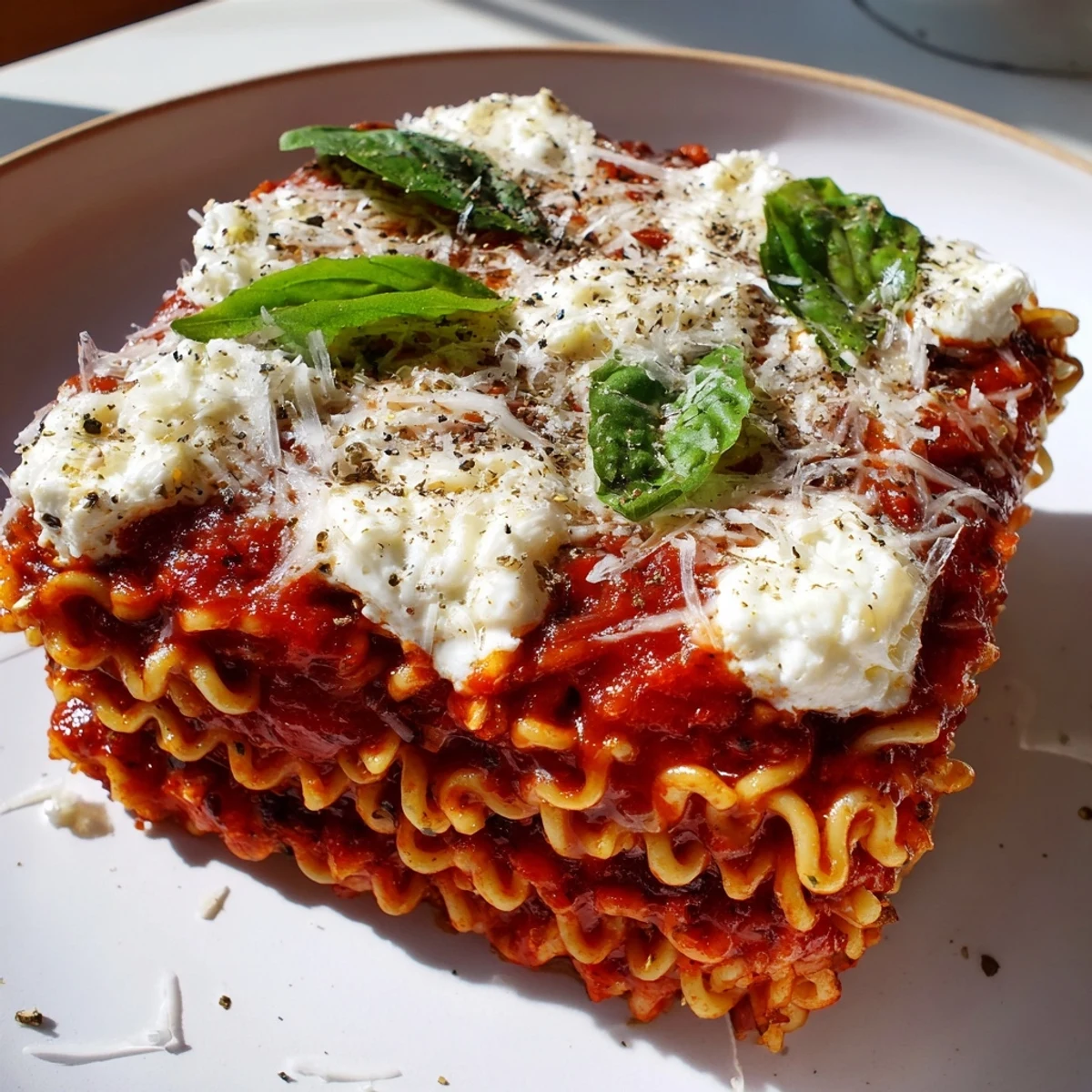 Golden, bubbling Ramen Lasagna with melted mozzarella and Parmesan cheese, waiting to be served.