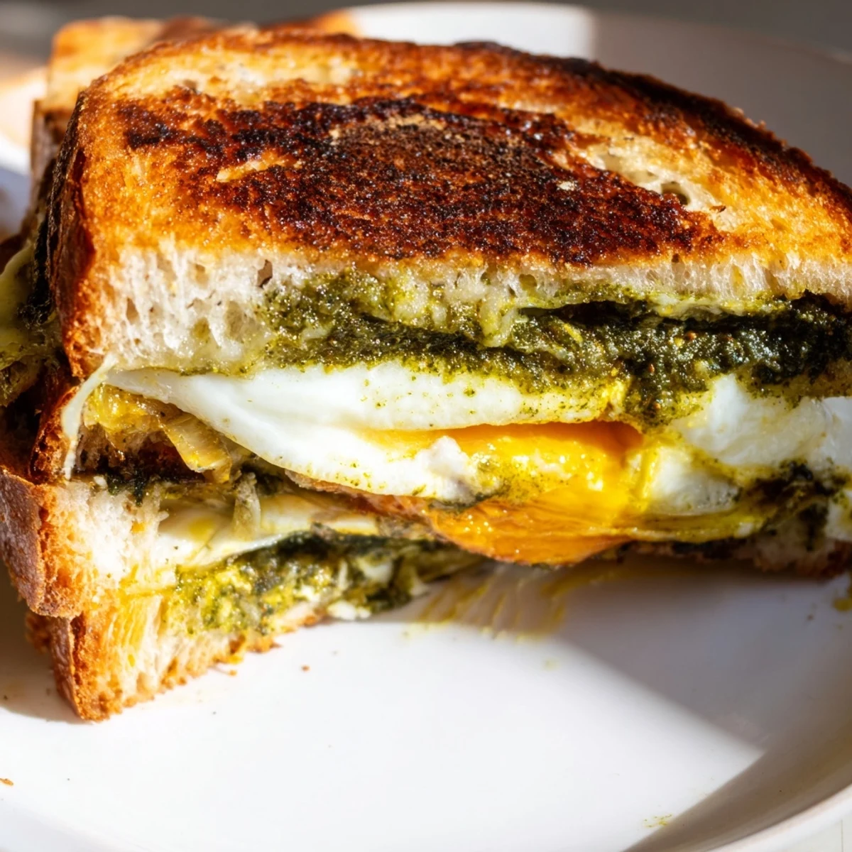Golden, melty Pesto Egg Grilled Cheese with pesto-fried eggs and oozing mozzarella, a comforting lunch.