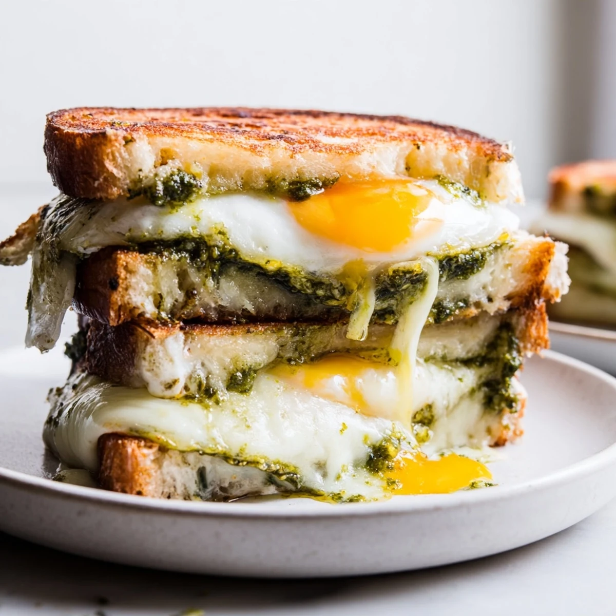 Buttery sourdough, holding a Pesto Egg Grilled Cheese, with visible cheese pulling from each bite.